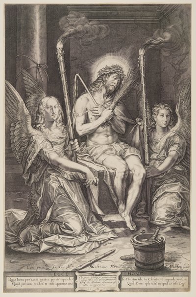 Cristo sobre la piedra fría con dos ángeles de Jacob Matham