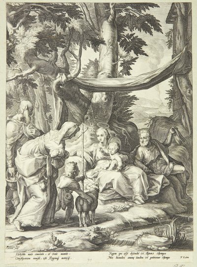 La Sagrada Familia sentada en un paisaje con Isabel, Zacarías y Juan el Bautista niño de Jacob Matham