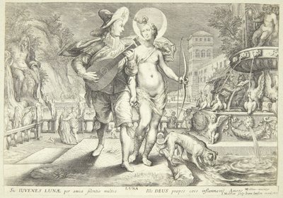 Diana como Luna acompañada de un joven músico de Jacob Matham