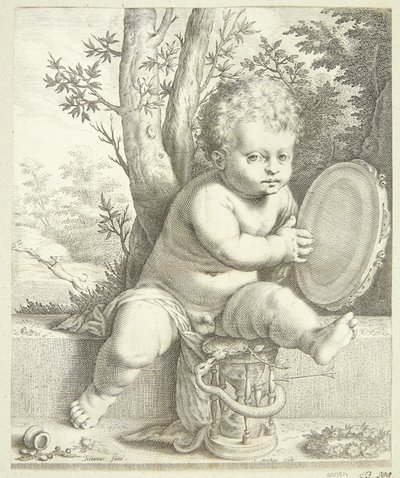 Un niño tocando el tamborín de Jacob Matham
