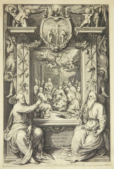 Adoración de los pastores con Pedro y Pablo en un marco alegórico de Jacob Matham