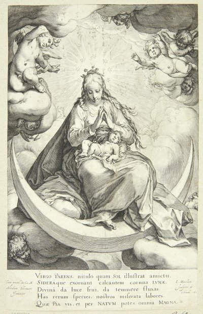 Virgen María con el Niño Jesús en la media luna, rodeada de ángeles de Jacob Matham