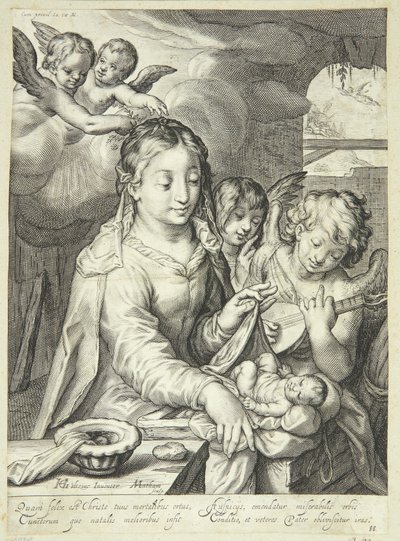 Virgen María con el niño rodeada de ángeles de Jacob Matham