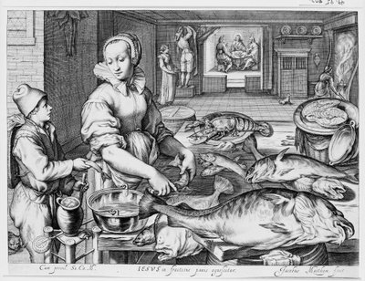 Escena de cocina con criada preparando pescado, Cristo en Emaús al fondo, de Escenas de cocina y de mercado con escenas bíblicas al fondo de Jacob Matham