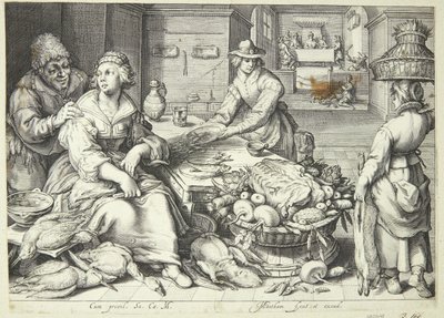 Escena de cocina con una cocinera desplumando aves de Jacob Matham