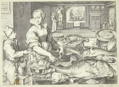 Escena de cocina con una cocinera limpiando pescado de Jacob Matham
