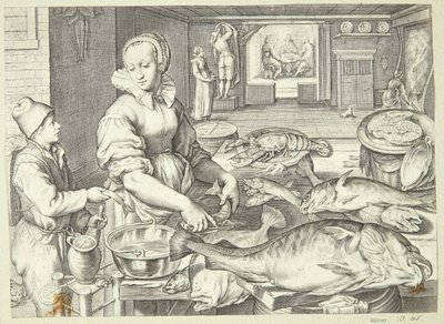 Escena de cocina con una cocinera limpiando pescado de Jacob Matham