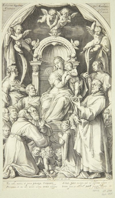 María y el niño con mecenas y santos (Santa Lucía, Catalina de Alejandría, Francisco de Asís y miembros de la familia Zuccaro) de Jacob Matham