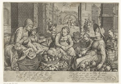 Escena de mercado con la parábola de los trabajadores de la viña al fondo, hacia 1600 de Jacob Matham