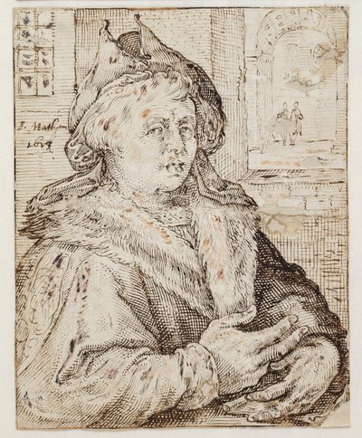 Retrato de un hombre con gorra y capa con borde de piel, mirando hacia la derecha. A la derecha, a través de una ventana, vista de otras habitaciones de Jacob Matham