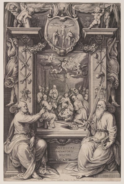 Adoración de los pastores con San Pedro y San Pablo de Jacob Matham