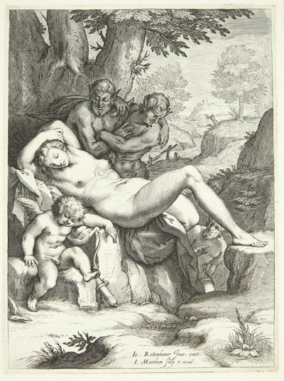 Venus y Cupido durmiendo y observados por sátiros de Jacob Matham