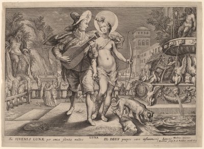 Diana como Luna acompañando a un joven serenata de Jacob Matham, after Hendrik Goltzius