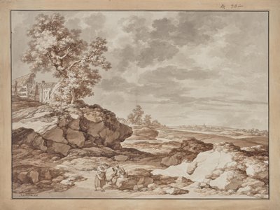 Paisaje con pueblo y dos granjeros de Jacob Matthias Schmutzer