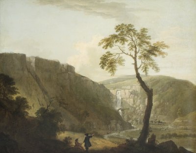 Un paisaje rocoso con una cascada y un artista sentado en primer plano de Jacob More
