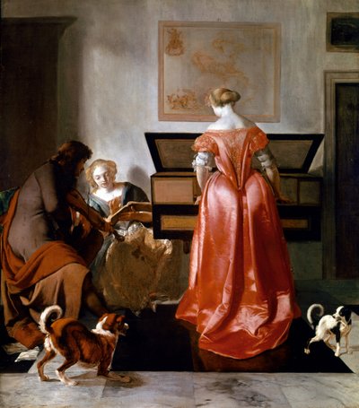 Una mujer tocando un virginal, otra cantando y un hombre tocando un violín. 1675-1682. (óleo sobre lienzo) de Jacob Ochtervelt