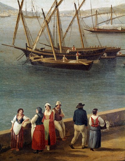 Grupos de personas en el muelle del puerto de Gaeta (detalle) de Jacob Philippe Hackert