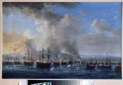 Guerra ruso-otomana: ""La batalla naval de Damietta en 1770"" (La batalla naval de Damietta en 1770) Se opuso a las flotas de la Rusia de Catalina II y el Imperio Otomano (Revolución de Orloff o Expedición de los hermanos Orloff). Pintar de Jacob Philippe Hackert