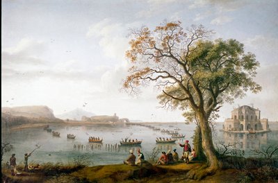 La caza de la focha de Fernando I de las Dos Sicilias en el lago Fusaro cerca de Nápoles, Italia de Jacob Philippe Hackert