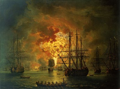 La destrucción de la flota turca en la bahía de Chesma, 1772 de Jacob Philippe Hackert
