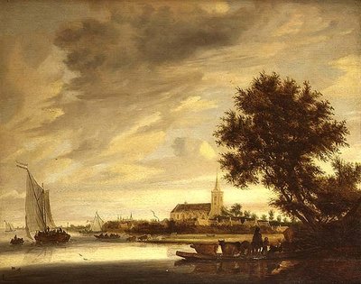 Un paisaje fluvial con un ferry en primer plano de Jacob Salomonsz. (circle of) Ruysdael