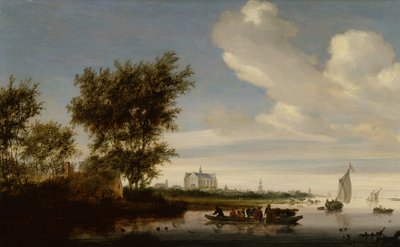Vista distante de Alkmaar con campesinos y ganado en un ferry de Jacob Salomonsz. Ruysdael