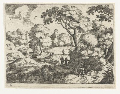 Paisaje con viajero y soldados
Seis paisajes con viajeros (título de la serie) de Jacob Savery (I)