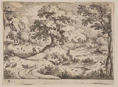 Sendero junto a un pantano: Perro pastor y ovejas, de Paisajes de Jacob Savery I