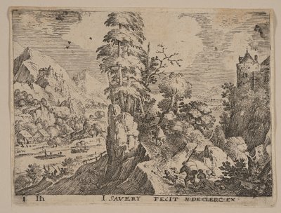 Sendero con viajeros a la derecha del río, de Paisajes de Jacob Savery I