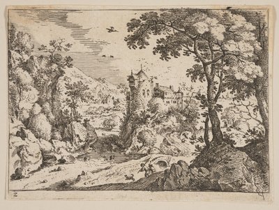 Arroyo entre ladera rocosa y castillo, de Paisajes de Jacob Savery I