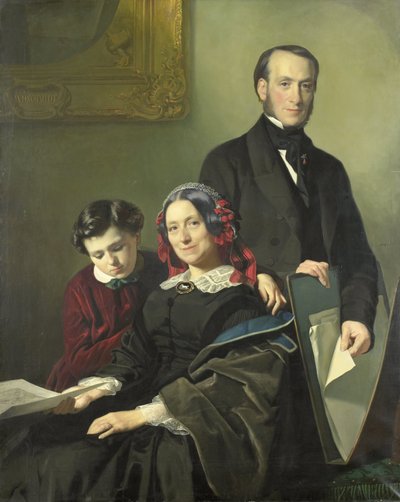 La Sra. A.J. Schmidt-Keiser, viuda del pintor Willem Hendrik Schmidt (1809-49), maestro de Jacob Spoel, con su hermano J.N. Keiser y su hijo de diez años de Jacob Spoel