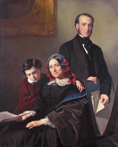 La Sra. A J Schmidt-Keiser, viuda del pintor Willem Hendrik Schmidt (1809-49), maestro de Jacob Spoel, con su hermano J N Keiser y su hijo de diez años. de Jacob Spoel