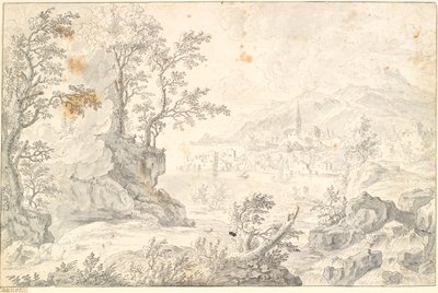 Paisaje con una ciudad (¿Hamburgo?) junto al lago o vista al mar de Jacob Stockmann