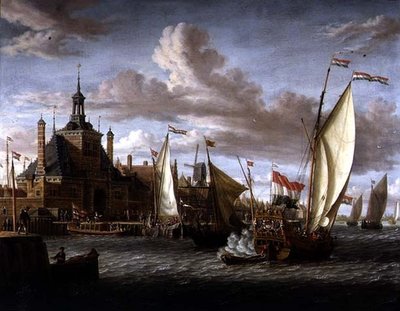 Un yate de los Estados de Zelanda disparando una salva frente al Dude Hoofdpoort, Rotterdam (óleo sobre lienzo) de Jacob Storck