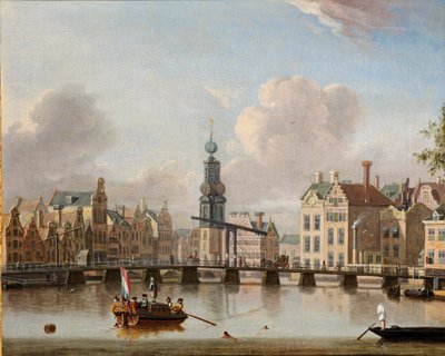 Vista del Munt, Ámsterdam con figuras en botes y nadando en el canal de Jacob Storck