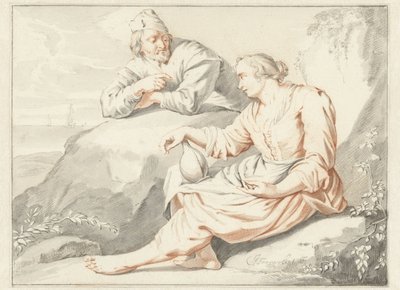 Mujer con una jarra conversando con un hombre de Jacob Toorenvliet