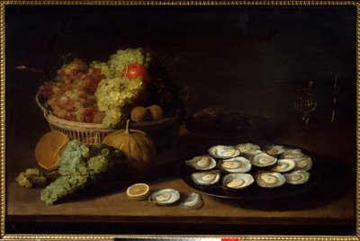 Naturaleza muerta, ostras y fruta. Pintura de Jacob Fopsen Van Es (ca. 1596-1666) Ec. Flam. de Jacob Van Es