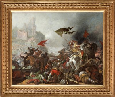 Batalla entre turcos y cristianos durante la captura de Constantinopla por el ejército otomano en 1453 - Pintura de Jacob Matthias Weyer (1620-1670), óleo sobre madera (39x49 cm) - La guerra turca, Óleo sobre madera de Jacob Matthias Weyer - Colección priv de Jacob Weyer