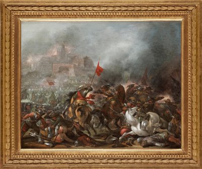 Batalla entre turcos y cristianos durante la captura de Constantinopla por el ejército otomano en 1453 - Pintura de Jacob Matthias Weyer (1620-1670), óleo sobre madera (39x49 cm) - La guerra turca, Óleo sobre madera de Jacob Matthias Weyer - Colección priv de Jacob Weyer