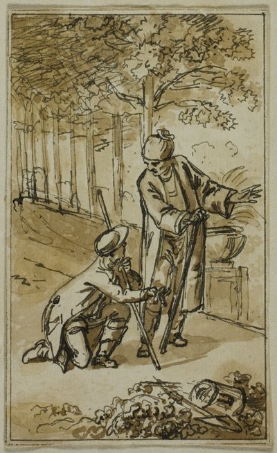 Ilustración literaria: Caballero y jardinero arrodillado de Jacob Wilhelm Mechau