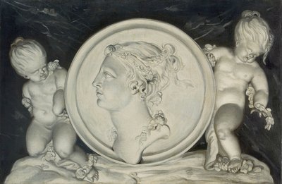 Flora en un medallón pintado sostenido por putti flotando en nubes de Jacob Xavery