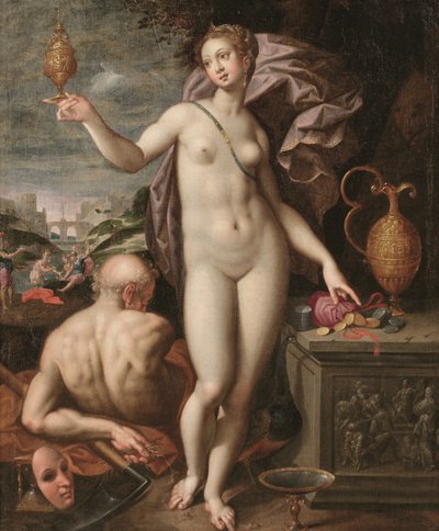 Juno sosteniendo una vasija de oro y una bolsa de dinero (óleo sobre lienzo) de Jacob de (studio of) Backer