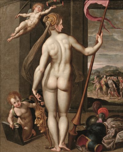 Minerva sosteniendo una lanza mientras es coronada de laurel por un putto (óleo sobre lienzo) de Jacob de (studio of) Backer