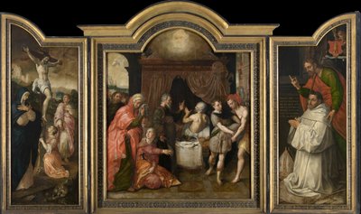 La Crucifixión (ala izquierda), La Profecía de la Recuperación de Ezequías (panel central), Abad Jacobus Delrio con la Santa Patrona (ala derecha) (óleo sobre tabla). de Jacob de Backer