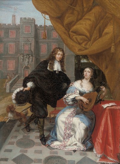 Un caballero cortejando a una dama haciendo música en un patio, 1668 de Jacob de Fourmentrou