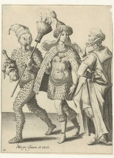 Tres figuras enmascaradas, una de ellas con una escoba en la que se clavan velas Las Mascaradas (título de la serie) de Jacob de Gheyn (II) (workshop of)