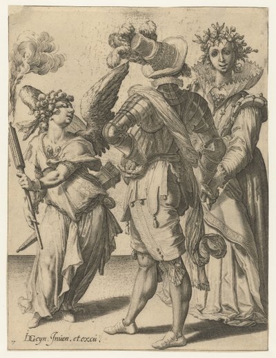 Cupido con los ojos vendados y una antorcha frente a una pareja con atuendo festivo Las Mascaradas (título de la serie) de Jacob de Gheyn (II) (workshop of)