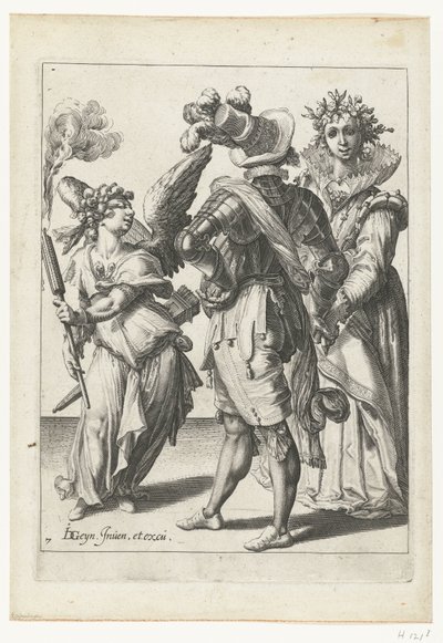 Cupido con los ojos vendados y una antorcha frente a una pareja con atuendo festivo Las Mascaradas (título de la serie) de Jacob de Gheyn (II) (workshop of)