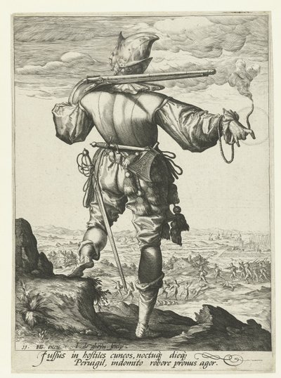 Mosquetero (¿arcabucero?) con casco puesto Oficiales y soldados (título de la serie) de Jacob de Gheyn (II)
