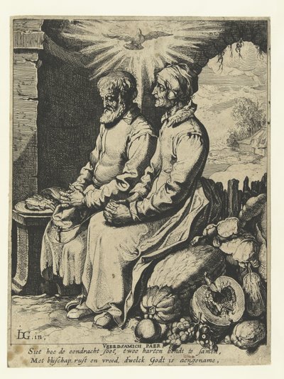 Pareja de ancianos rezando Vreedsamich paer (título sobre objeto) de Jacob de Gheyn (III)